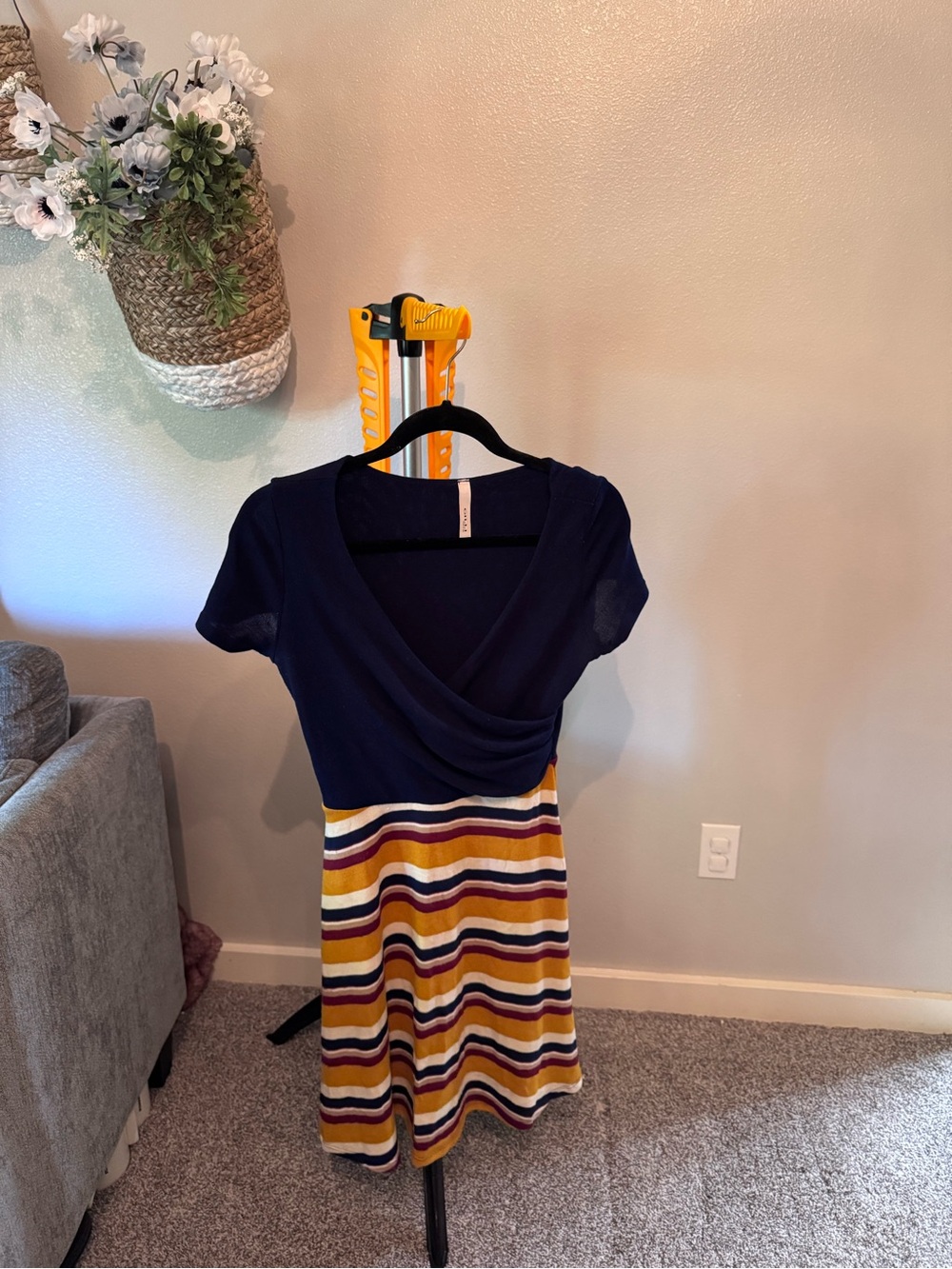Gilli Navy Top with Mustard, Burgundy & Cream Striped Skirt Dress size M